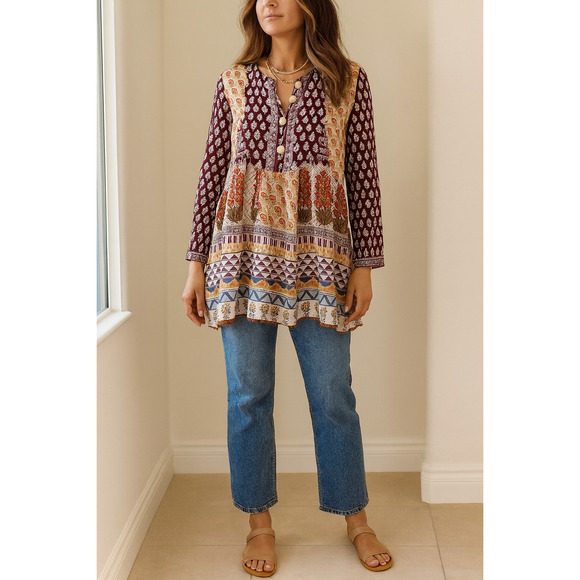Khaadi Cotton Pom Pom Long Sleeve Flare Tunic Boho Artisan Print | Women Size 8 - Picture 2 of 12